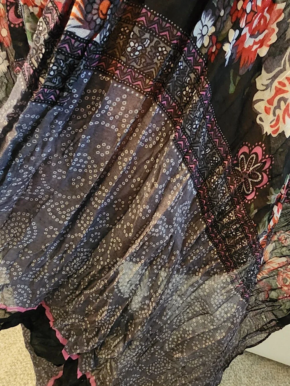 Sheer Boho Whimsygoth Indie Scarf Wrap in Black and Purple with Pink And Red